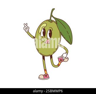 Il personaggio di un cartone animato verde oliva si posa felicemente con la lingua aderente. Vettoriale isolato allegro personaggio vegetariano y2k rétro con una foglia, h Illustrazione Vettoriale