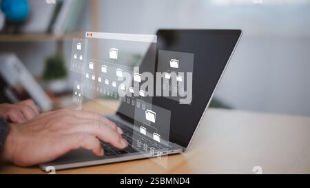 Tecnologia di archiviazione dati digitale sistema di gestione dei documenti su server rete Internet, ricerca e gestione di cartelle e file online, Download e upl Foto Stock