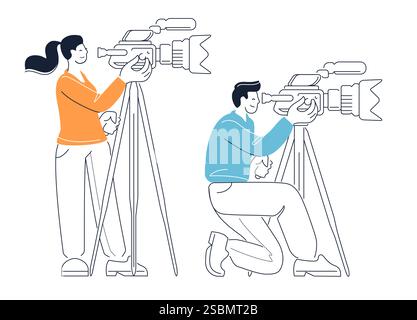 Operatore video con videocamera su treppiede. Televisione, illustrazione di film. Ripresa di un rapporto o di un'intervista per i media Illustrazione Vettoriale