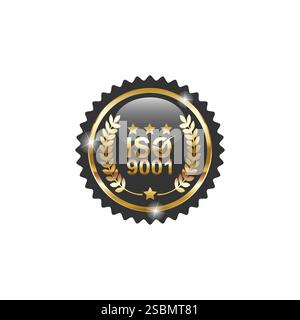 Certificazione ISO 9001. Distintivo Vector Golden. Medaglia d'oro ISO 9001 con vettore a nastro rosso. Seal Award oro. Sistemi di gestione della qualità. Illustrazione Vettoriale