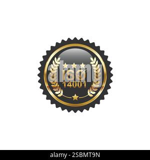 Etichetta dorata certificata ISO 14001, illustrazione vettoriale. Immagine vettoriale con etichetta dorata certificata ISO 14001 Illustrazione Vettoriale