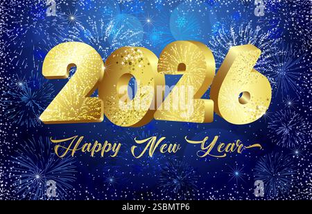 Buon anno 2026. Cornice lucida, sfondo blu nevoso natalizio, tipografia grafica dorata in 3D, fuochi d'artificio realistici. Set di vacanze Illustrazione Vettoriale