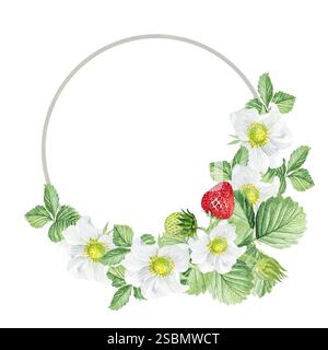 Cornice ad acquerello di fiori bianchi e fragole. Splendida cornice con fiori di fragole, fragole, foglie, disegnate a mano. Foto Stock