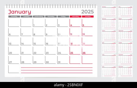 Modello di pianificazione Calendar 2025. La settimana inizia lunedì. Set di 12 mesi. Illustrazione vettoriale Illustrazione Vettoriale
