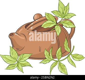 Illustrazione colorata di teiera e foglie di tè Illustrazione Vettoriale