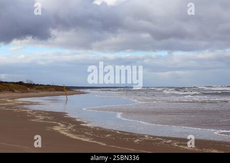 un paesaggio con un mare e una spiaggia con sabbia e acqua e un cielo nuvoloso sullo sfondo. Foto Stock