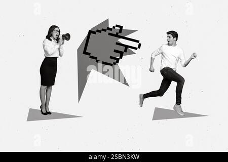 Foto collage creativa illustrazione di urlo femminile arrabbiato in altoparlante a terrorizzato running guy isolato su sfondo di colore bianco Foto Stock