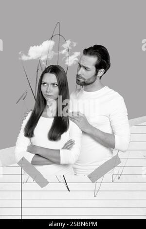 Fotografia creativa 3D collage illustrazione poster cartolina di marito triste abbracciare moglie scusa mi dispiace isolato su sfondo pittura Foto Stock