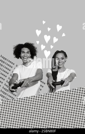 Foto creativa 3D collage artwork poster cartolina di pazzo funky coppia divertirsi tempo libero buon umore isolato su sfondo pittura Foto Stock