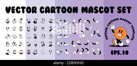 cartoni animati mani, gambe e volti, set mascotte: collezione di parti di personaggi in stile vintage vector 1930 Illustrazione Vettoriale