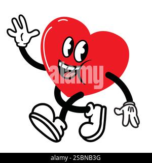 mascotte vintage con cartoni animati dal cuore rosso in stile anni '1930 che cammina e sventola la mano Illustrazione Vettoriale