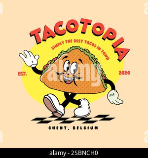 Mascotte vintage Cartoon taco, logo fast food, vettoriale Illustrazione Vettoriale