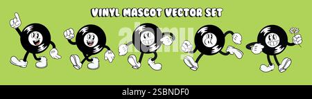 set di mascotte in vinile per cartoni animati, pose diverse, design piatto con logo retrò, vettoriale Illustrazione Vettoriale
