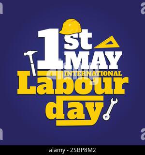 Poster del Labor Day, scheda, post design sui social media. Design banner 1° maggio Festa dei lavoratori con scritte in grassetto e strumenti per i lavoratori. Casco di sicurezza giallo, righello Illustrazione Vettoriale
