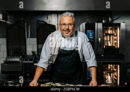 Ritratto di uno chef maschio sorridente che indossa il grembiule e sta in piedi in cucina al ristorante Foto Stock