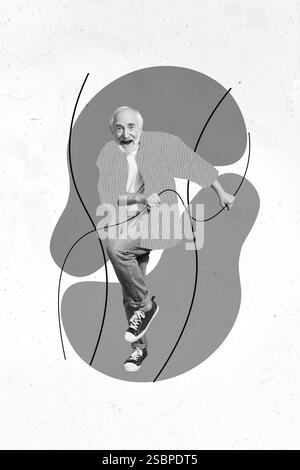 Immagine creativa del collage di disegno dell'anziano funky eccitato divertente che balla energica danza disco partito doodle disegno dell'immagine della pittura Foto Stock