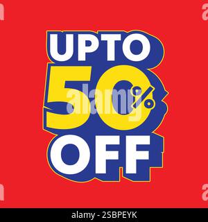 sconto del 50% su cartellino, adesivo, etichetta, badge. Sconto speciale del 50% su banner, modello, poster con una moderna illustrazione tipografica. Illustrazione Vettoriale