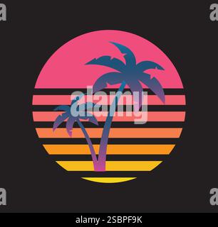 Illustrazione vettoriale a onda posteriore di palme sullo sfondo del tramonto degli anni '1980 Illustrazione Vettoriale