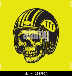 Logo vintage Biker con teschio nel casco da moto, illustrazione vettoriale Illustrazione Vettoriale