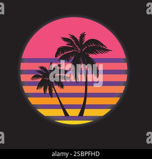 Illustrazione vettoriale a onda posteriore di palme contro un tramonto viola degli anni '1980 Illustrazione Vettoriale