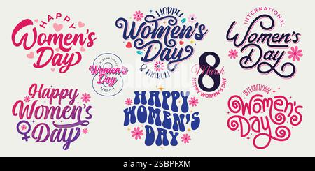 Illustrazione vettoriale del set tipografico Women's Day Typography. Disegni di lettere per la festa della donna felice per T-shirt, biglietti, adesivi, etichette, poster, banner. 8 marzo Illustrazione Vettoriale
