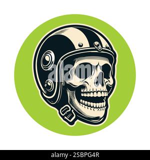 Teschio in un casco da moto, modello logo biker vintage, illustrazione vettoriale Illustrazione Vettoriale