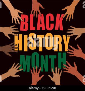Cartoni animati mani umane che assemblano testo Black History Month 2023, banner quadrato, illustrazione vettoriale Illustrazione Vettoriale