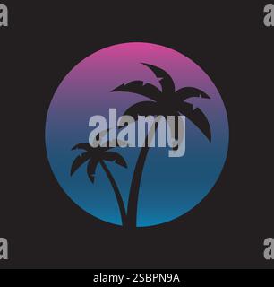 illustrazione in stile retroonda degli anni '1980 con palme da cocco contro il tramonto gradiente Illustrazione Vettoriale