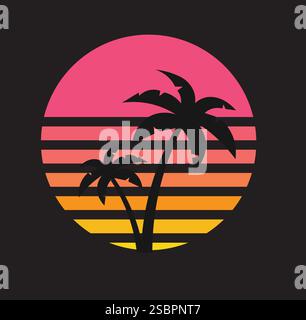 illustrazione in stile retroonda degli anni '1980 con palme da cocco contro il tramonto gradiente Illustrazione Vettoriale
