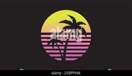 illustrazione in stile retroonda degli anni '1980 con palme da cocco contro il tramonto gradiente Illustrazione Vettoriale