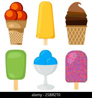 Set di diversi gelati cremosi multicolori. Illustrazione vettoriale. Illustrazione Vettoriale