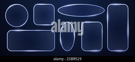 Collezione di cornici trasparenti futuristiche in vetro con bordi al neon blu brillante. Figure geometriche di forma ovale, rettangolare e circolare semitrasparente Illustrazione Vettoriale