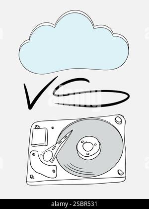 Un disegno sull'argomento dell'archiviazione cloud, in cui è possibile scegliere tra archiviazione e disco rigido. Illustrazione vettoriale. Illustrazione Vettoriale