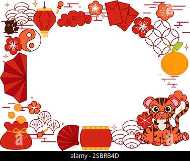Anno della tigre 2034 modello del capodanno cinese telaio ovale con bordi cinesi tradizionali e una tigre, che celebra l'anno della tigre con la festa Illustrazione Vettoriale