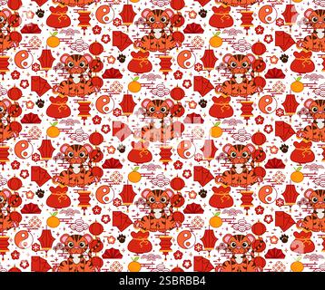 Capodanno cinese 2034 Tiger Elements motivo senza cuciture. Linea grafica vettoriale sfondo tradizionale orientale. Ornamento del biglietto di auguri. Elemento pacchetto rosso Illustrazione Vettoriale