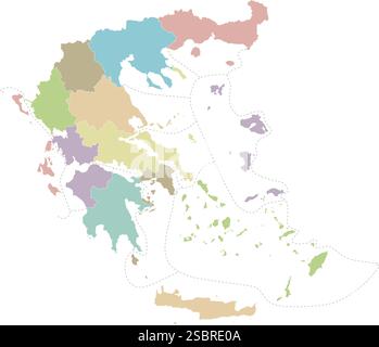 Mappa vettoriale in bianco della Grecia con regioni o territori e divisioni amministrative. Livelli modificabili ed etichettati in modo chiaro. Illustrazione Vettoriale