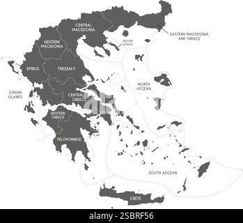 Mappa vettoriale della Grecia con regioni o territori e divisioni amministrative. Livelli modificabili ed etichettati in modo chiaro. Illustrazione Vettoriale