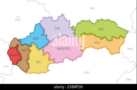 Mappa vettoriale della Slovacchia o della Repubblica slovacca con regioni e divisioni amministrative e paesi e territori confinanti. Modificabile Illustrazione Vettoriale
