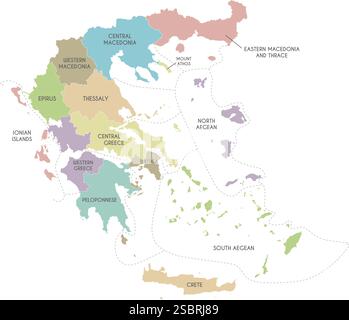 Mappa vettoriale della Grecia con regioni o territori e divisioni amministrative. Livelli modificabili ed etichettati in modo chiaro. Illustrazione Vettoriale