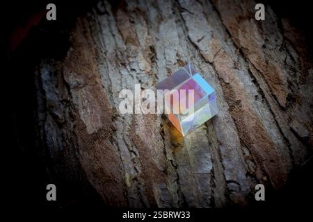 Cubo di vetro ottico dispersione della luce, spettro. Rifrazione dei raggi in ottica fisica Foto Stock