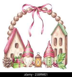 Composizione cottage gnomi natalizi in acquerello in colori rosso/verde. Scatole regalo di Natale, fiocco, lanterna, cono di abete rosso, holly. Capodanno scandinavo Foto Stock