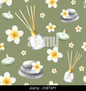 Diffusore di aromi, candele, fiori di plumeria e ciottoli impilati. Motivo senza cuciture con acquerello disegnato a mano e frangipani su colore oliva scuro per confezionamento, tessuto, stoffa, cancelleria, design di un salone termale. Foto Stock