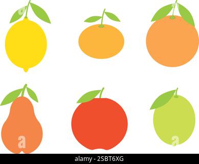 Set di agrumi freschi. Arancia, pompelmo, limone, lime, mela e pera Illustrazione Vettoriale