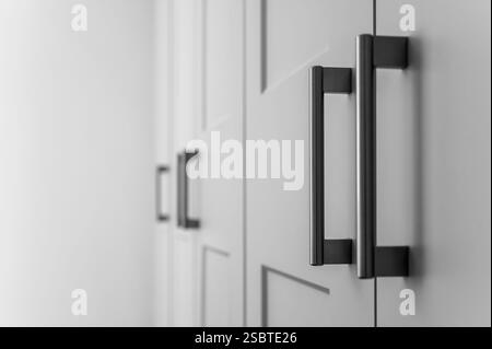Vista dettagliata e laterale delle porte del guardaroba della camera da letto con maniglie in metallo in stile moderno, in bianco e nero. Foto Stock