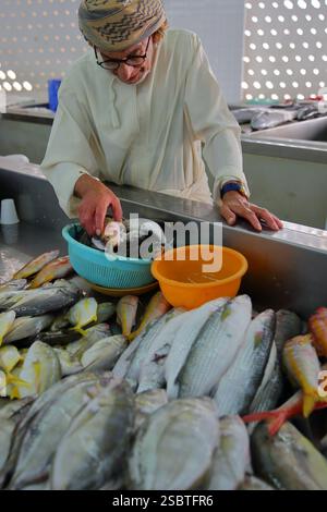 MUTTRAH, MASCATE, OMAN - 27 DICEMBRE 2024: Il mercato del pesce mattutino di Muttrah con venditori e clienti locali vestiti tradizionalmente Foto Stock