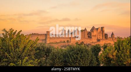 La famosa città medievale fortificata di Carcassonne si distingue chiaramente in questa foto scattata alla fine di una splendida giornata. Foto Stock