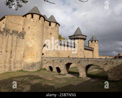 La famosa città medievale fortificata di Carcassonne si distingue chiaramente in questa foto scattata in una giornata nuvolosa. Foto Stock