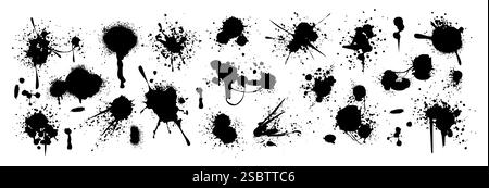 Set di gocce di vernice spray, blot neri o spruzzi di inchiostro. Macchie o macchie di graffiti con effetto grunge sporco. Spazzolare le macchie o le macchie di inchiostro con schizzi o gocce. Elementi di design vettoriali in stile stradale. Illustrazione Vettoriale
