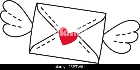 Lettera d'amore con ali stile doodle disegnato a mano stile piatto alla moda icona d'amore isolata simbolo dell'amore per il Web graphic design poster tatuaggio San Valentino biglietto d'auguri line art illustrazione vettoriale Illustrazione Vettoriale
