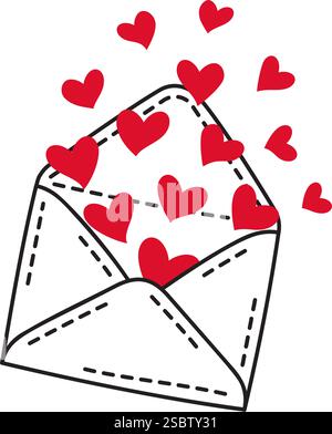 Busta con cuori rossi stile doodle disegnata a mano stile piatto alla moda icona dell'amore isolata simbolo dell'amore per il Web graphic design poster tatuaggio San Valentino biglietto d'auguri line art illustrazione vettoriale Illustrazione Vettoriale